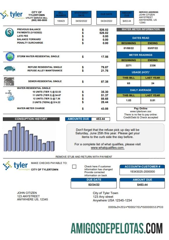 Para baixar modelo de conta de serviços públicos da Tyler Technologies dos EUA em formato Word e PDF